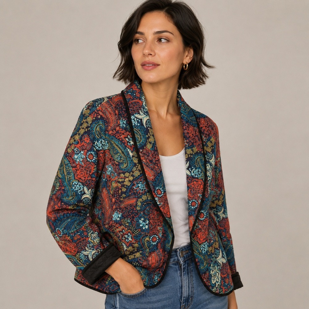 Vintage Red Paisley Quilted Blazer Jacket Women's Size Small S Coat Boho Button